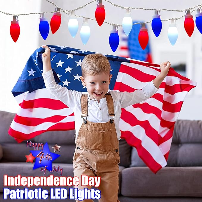 C9 Red White and Blue Lights for Fourth of July Decorations, 25Ft LED Patriotic Light 25 Shatterproof Christmas Light, Plug in 4th of July Decorations Lights for Party Memorial Day Independence Day