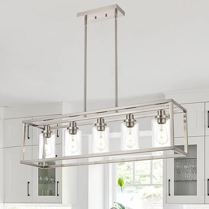 MELUCEE 5-Light Dining Room Lighting Fixture Hanging Brushed Nickel Modern Pendant Lighting Contemporary Chandeliers with Clear Glass Shade for Kitchen Island Living Room Bedroom