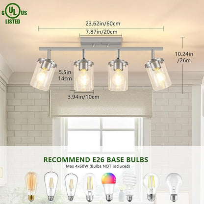 FadimiKoo 4-Lights Brushed Nickel Kitchen Lighting Fixtures Ceiling, Black Semi Flush Mount Ceiling Light with Clear Glass Shades, Adjustable Close to Ceiling Lamp for Dining Room Hallway Bedroom