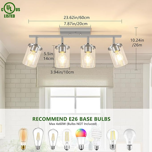 FadimiKoo 4-Lights Brushed Nickel Kitchen Lighting Fixtures Ceiling, Black Semi Flush Mount Ceiling Light with Clear Glass Shades, Adjustable Close to Ceiling Lamp for Dining Room Hallway Bedroom