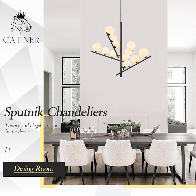CATINER 12 Lights L36”Black Sputnik Chandeliers Mid Century Modern Chandelier for Dining Room Ceiling Pendant Lighting with Milk Glass Globe Shades for High Ceiling Foyer Living Room