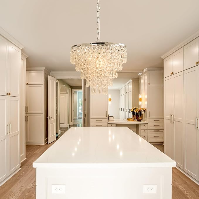 FRIXCHUR 11.8'' Crystal Chandelier Chrome Crystal Ceiling Light Led Flush Mount Ceiling Pendant Light Metal LED Pendant Light for Bedroom Living Room Foyer