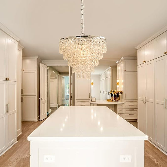 FRIXCHUR 11.8'' Crystal Chandelier Chrome Crystal Ceiling Light Led Flush Mount Ceiling Pendant Light Metal LED Pendant Light for Bedroom Living Room Foyer