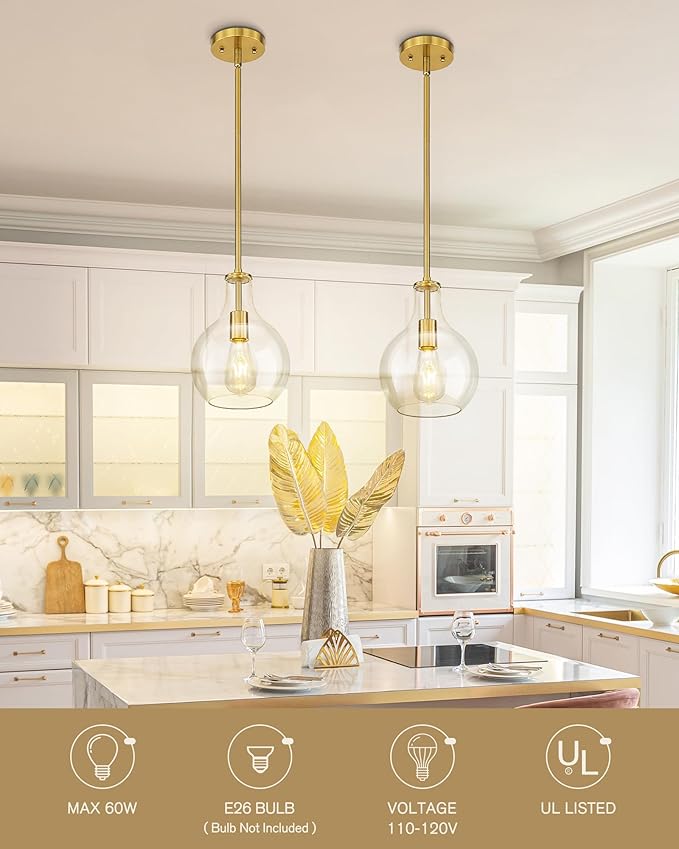 Emak Brushed Gold Pendant Light Fixtures, Modern Glass Pendant Lights Kitchen Island, 2 Pack 8 Inch Hanging Lights for Kitchen, Bathroom, Bedroom, Dining Room, PL125-BGD-2PK