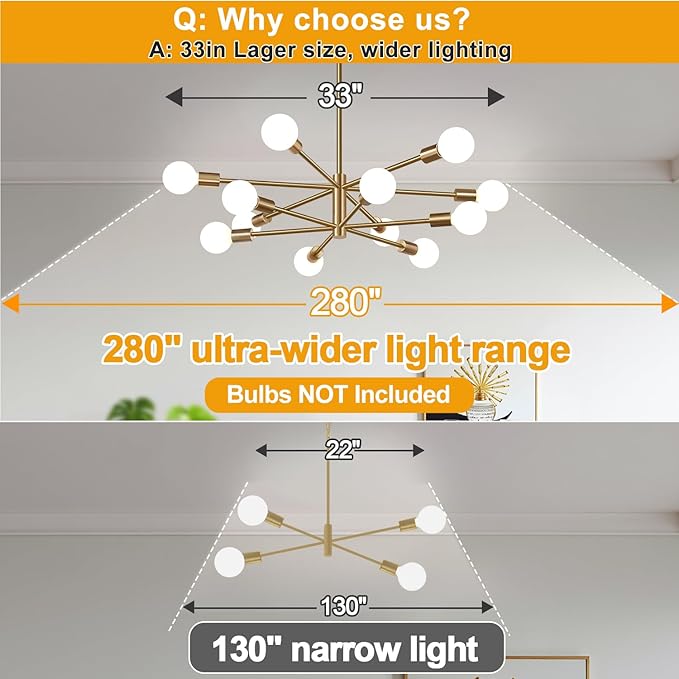 MQMQA Sputnik Chandeliers Dining Room Light Fixture (12-Light, 33-Inch), Modern Brushed Brass Chandelier, Height Adjustable Mid Century Modern Chandeliers for Dining Room Kitchen (Bulbs not Included)
