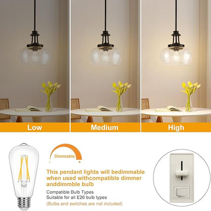 Modern Pendant Lights Kitchen Island, Matte Black Pendant Light Fixtures with 10" Clear Air Bubble Glass Shade, Industrial Hanging Pendant Lights Fixture for Kitchen Island Dining Room Entryway