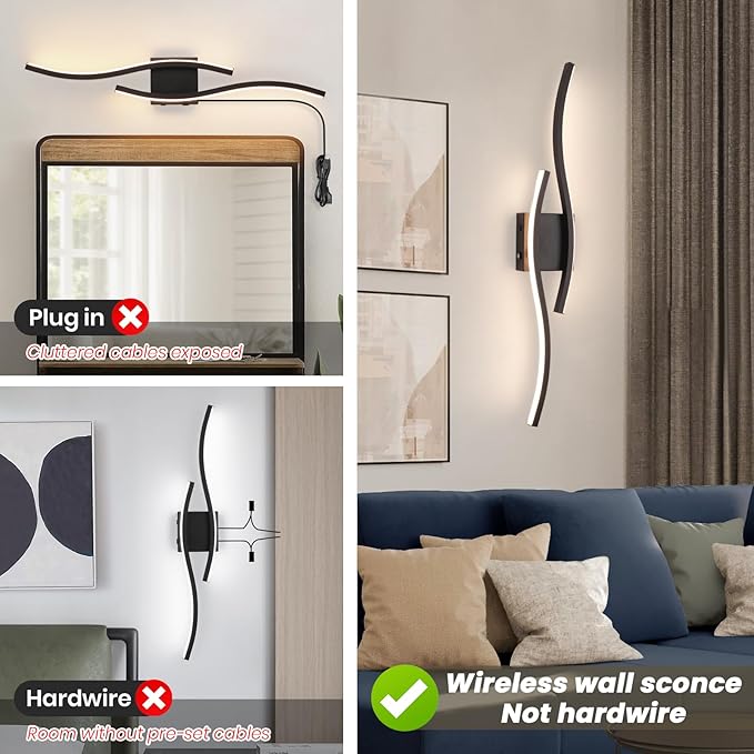Battery Operated Wall Sconces, Rechargeable Wall Sconces, 3000K-6500K LED Wireless Wall Light, Modern Wall Lamp not Hardwired for Living Room Bedroom Hallway, 31.5in-Black
