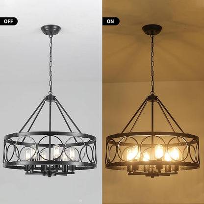 6-Lights Black Chandelier for Dining Room Light Fixture 22.5" Modern Farmhouse Chandeliers Ceiling Light Industrial Drum Hanging Pendant Lights for Kitchen Island Living Room Entryway Bedroom