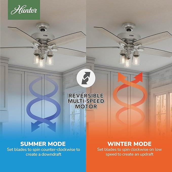 Hunter 52 inch Indoor Ceiling Fan with LED Lights and Remote Control - Standard Mount Ceiling Fan, 5 Blades, For Bedroom, Living Room, or Kitchen, Quiet - Bennett 54190, Brushed Nickel
