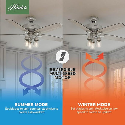 Hunter 52 inch Indoor Ceiling Fan with LED Lights and Remote Control - Standard Mount Ceiling Fan, 5 Blades, For Bedroom, Living Room, or Kitchen, Quiet - Bennett 54190, Brushed Nickel