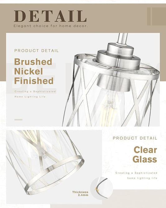 Beionxii 2 Pack Brushed Nickel Pendant Lights Kitchen Island, Glass Pendant Light Fixtures with Clear Glass and Rods, Kitchen Pendant Lighting Over Island, BX-PL07BN-2PK