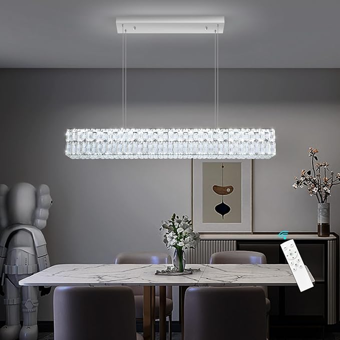 47 Inch Rectangular Crystal Chandelier Glam Dimmable LED Chandeliers for Dining Room Linear Pendant Light with Remote Control for Kitchen Island Silver