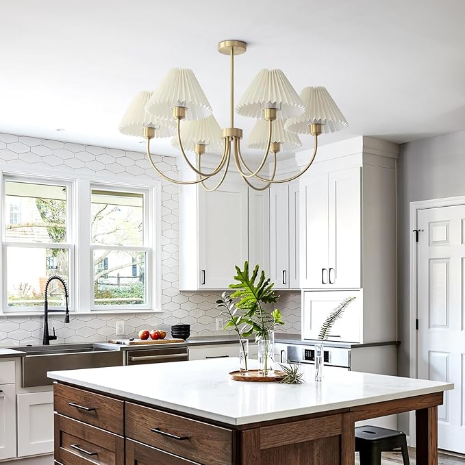 KCO Lighting Vintage Wrinkled Chandelier White Pleated Fabric Pendant Light Modern Gold Sputnik Chandelier 6-Lights Flush Mount Ceiling Light Classic Chandeliers for Dining Room