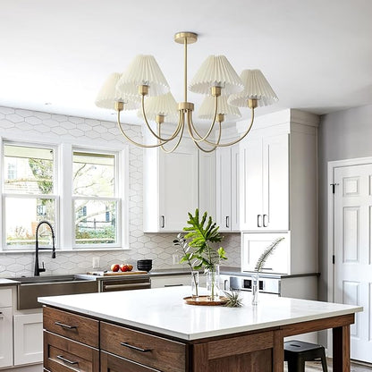 KCO Lighting Vintage Wrinkled Chandelier White Pleated Fabric Pendant Light Modern Gold Sputnik Chandelier 6-Lights Flush Mount Ceiling Light Classic Chandeliers for Dining Room