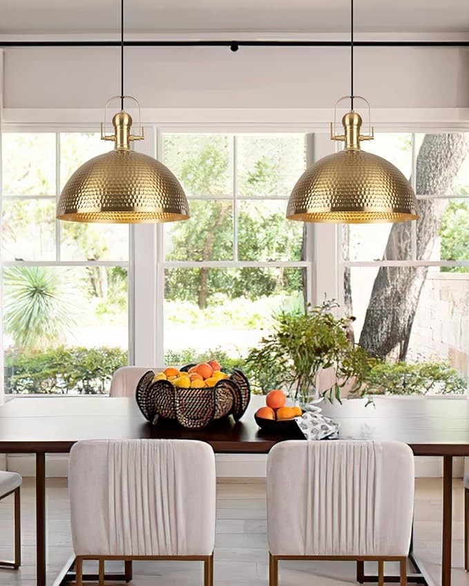 15.7 Inch Gold Pendant Light 2 Pack, Hammered Industrial Pendant Lights，Fixtures Adjustable Height Dome Pendant Light for Dining Room Bedroom Bar