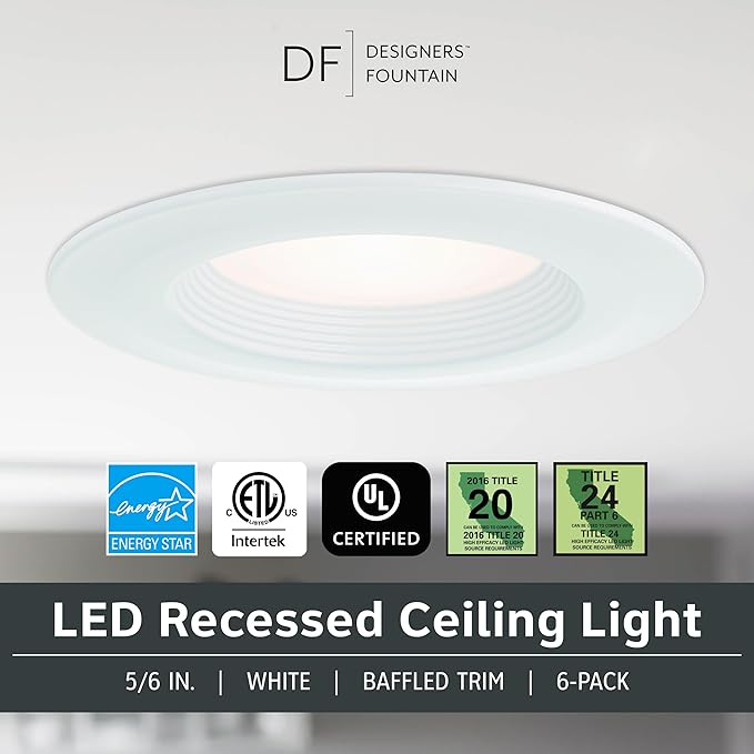 Designers Fountain LED Recessed Ceiling Lights 6 Pack, 5/6 Inch 5CCT Metal Lighting Fixture, Dimmable, 1000 Lumens, 2700K/3000K/3500K/4000K/5000K, White Baffle Trim, EVL61093T50WH-6