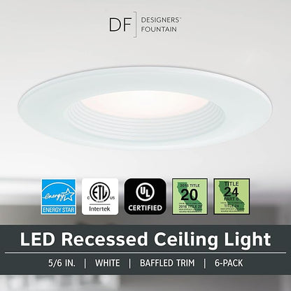 Designers Fountain LED Recessed Ceiling Lights 6 Pack, 5/6 Inch 5CCT Metal Lighting Fixture, Dimmable, 1000 Lumens, 2700K/3000K/3500K/4000K/5000K, White Baffle Trim, EVL61093T50WH-6