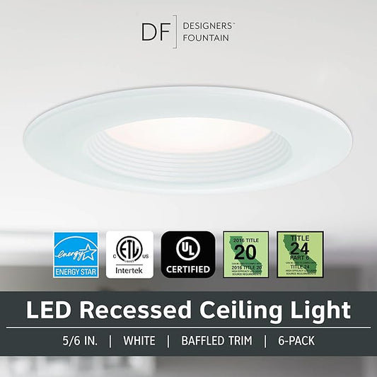 Designers Fountain LED Recessed Ceiling Lights 6 Pack, 5/6 Inch 5CCT Metal Lighting Fixture, Dimmable, 1000 Lumens, 2700K/3000K/3500K/4000K/5000K, White Baffle Trim, EVL61093T50WH-6