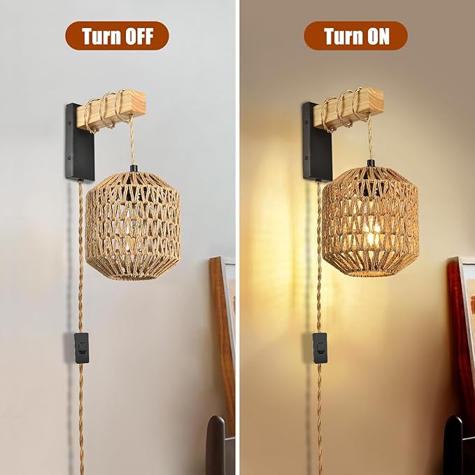 Boho Hanging Wall Light Plug in,Vintage Farmhouse Wall Sconces Set of Two with Rattan Shade for Bedroom Living Room-Black