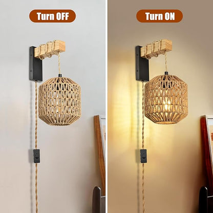 Boho Hanging Wall Light Plug in,Vintage Farmhouse Wall Sconces Set of Two with Rattan Shade for Bedroom Living Room-Black