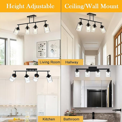Yaohong 4-Light Black Farmhouse Track Lighting Fixtures Ceiling, Bathroom Track Lighting Kit Wall Light with Ajustable Heads, Kitchen Track Lighting Fixtures with Glass Shade for Hallway Shop