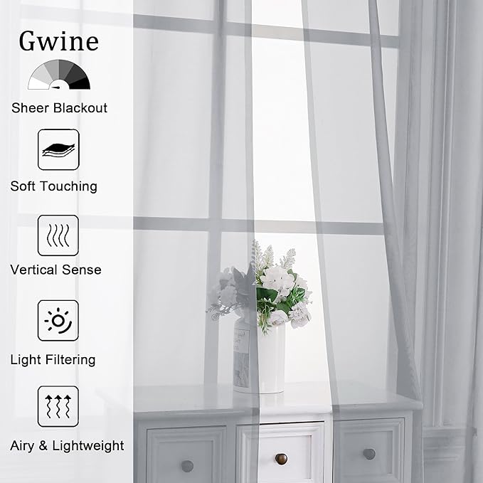 Gwine Light Grey Sheer Curtains 30 Inch Length, Short Light Filtering Voile Small Cafe Kitchen Curtains with Rod Pocket, Short Curtain for Bathroom Window, 42x30 Inch, 2PCS