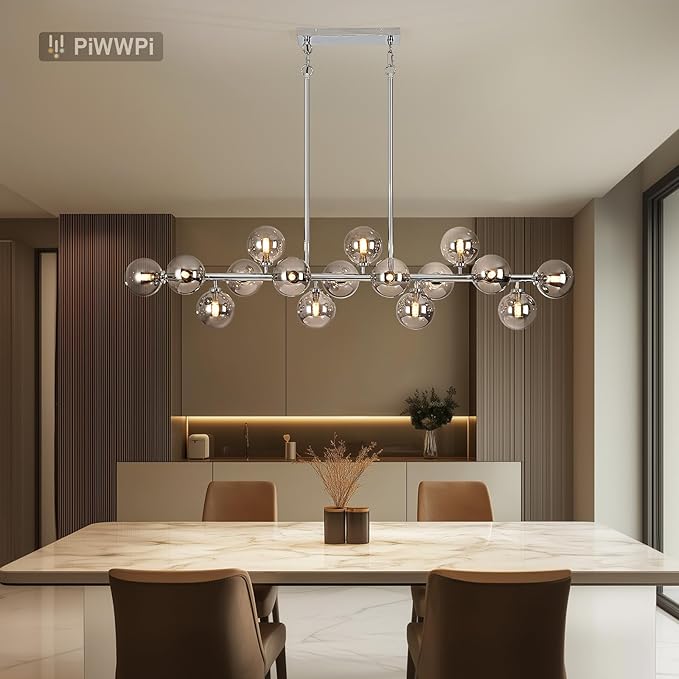 55 Inch Long Chandeliers for Dining Room Kitchen Island, Large Globe Sputnik Linear Chandelier, 16 Lights Mid Century Modern Light Fixture Over Table, Chrome and Smoke Grey Bubble, GC-08