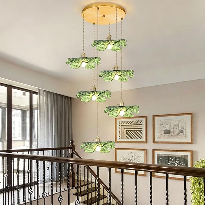 Long High Ceiling Chandelier with Green Blown Flower Glass Shade Vintage Flush Mount Ceiling Hanging light Gold brass pendant light 5 light Ceiling Chandeliers for Staircase Foyer Entryway Living
