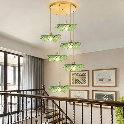 Long High Ceiling Chandelier with Green Blown Flower Glass Shade Vintage Flush Mount Ceiling Hanging light Gold brass pendant light 5 light Ceiling Chandeliers for Staircase Foyer Entryway Living
