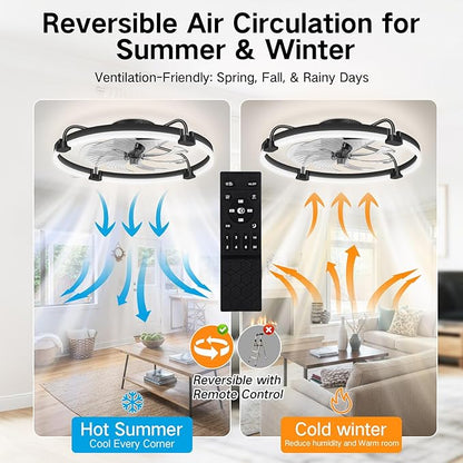 OUTON 24" Ceiling Fan with Light, Remote & App Control, Fandelier Low Profile Flush Mount Ceiling Fan with 3000K-6500K Stepless Dimmable, 6 Speed, Quiet DC Motor, Modern Ceiling Fans for Bedroom Black