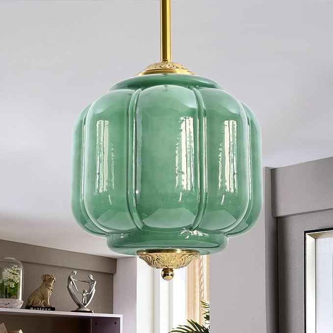 Milk Glass Pendant Light, 10 Inch Green Semi Flush Mount Ceiling Light, Vintage Glass Shade Chandelier With Dimmable E26 Base, Adjustable Hanging Rod, Pendant Light for Bedroom, Hallway, Dining Room