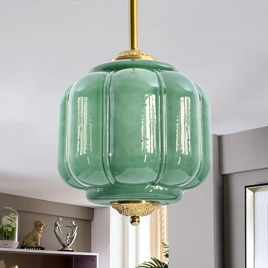 Milk Glass Pendant Light, 10 Inch Green Semi Flush Mount Ceiling Light, Vintage Glass Shade Chandelier With Dimmable E26 Base, Adjustable Hanging Rod, Pendant Light for Bedroom, Hallway, Dining Room