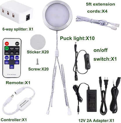 AIBOO Linkable Under Cabinet LED Lighting 12V Dimmable Puck Lights with Wireless RF Remote Control, Hardwired & Wall Plug in for Furniture Cupboard Lighting(10 Lights, Warm White)