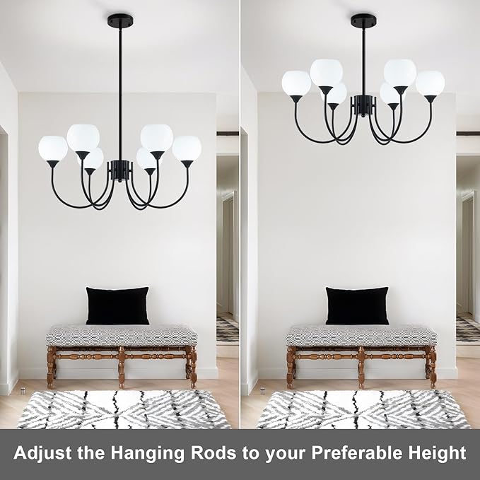 Mid Century Chandelier Light Fixture Black Sputnik Pendant 6 Lights, Modern Ceiling Light Fixture with Milk Glass Globe Adjustable for Dining Room Living Room Bedroom