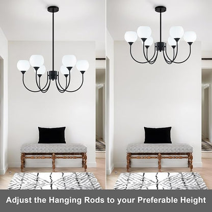 Mid Century Chandelier Light Fixture Black Sputnik Pendant 6 Lights, Modern Ceiling Light Fixture with Milk Glass Globe Adjustable for Dining Room Living Room Bedroom