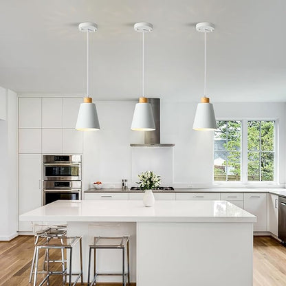 Mini Pendant Light Fixtures White Wood Pendant Lighting for Kitchen Island 7.87in Cone Modern Ceiling Hanging Lights Hollow Shade Nordic Island Light for Counter, Bar, Hallway