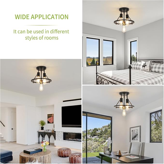 Semi Flush Mount Ceiling Light 3-Light Ceiling Light Fixtures - Black Hallway Light Fixtures Farmhouse Industrial Kitchen Light Fixtures E26 Socket Ceiling Lamp for Foyer