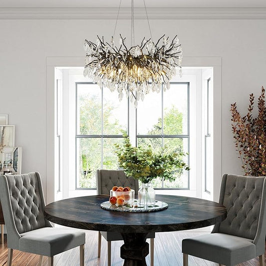 Crystal Chandelier for Dining Room, 24" Black Modern Living Room Light Fixture, Tree Branch Chandeliers with 8-Light, Round Chandelier for Dining Table, Bedroom, Entryway, Bathroom, Foyer
