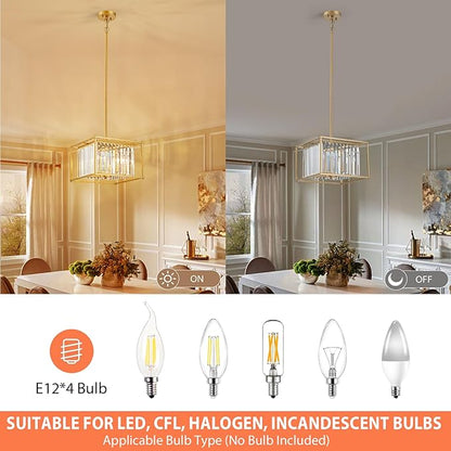 Gold Crystal Chandeliers for Dining Room Square 4-Light Height Adjustable 13" Modern Farmhouse Geometric Pendant Lighting Fixture for Bedroom Entryway Foyer Hallway