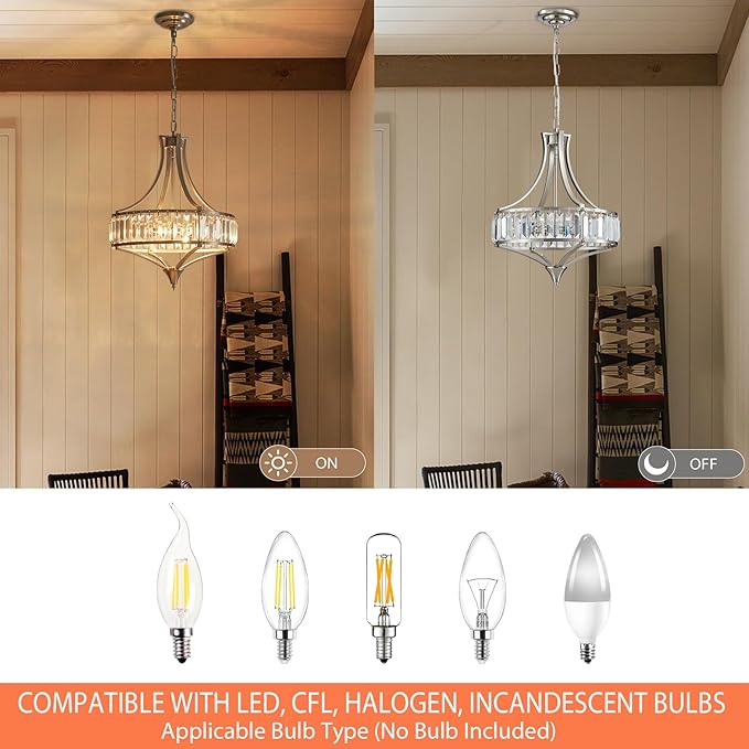 Crystal Chandeliers for Dining Room, Round Rustic Farmhouse Chandelier, Metal Shade, 4-Light Modern Brushed Nickel Chandelier for Hallway, Bedroom, Foyer