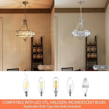 Crystal Chandeliers for Dining Room, Round Rustic Farmhouse Chandelier, Metal Shade, 4-Light Modern Brushed Nickel Chandelier for Hallway, Bedroom, Foyer
