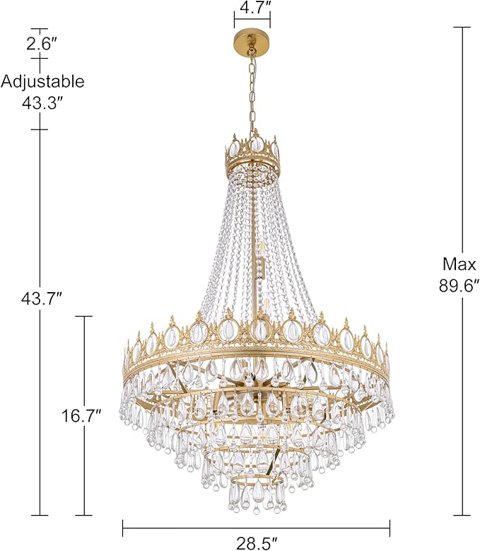 TOCHIC French Empire Crystal Chandelier 9 Lights Modern Gold Chandelier, Luxury High Ceiling Light Fixture for Dining Living Room, Bedroom, Kitchen Island, Foyer, Hallway, 28.5" W x 43.7" H