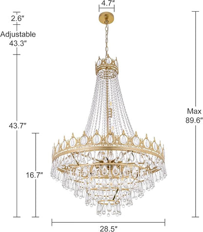 TOCHIC French Empire Crystal Chandelier 9 Lights Modern Gold Chandelier, Luxury High Ceiling Light Fixture for Dining Living Room, Bedroom, Kitchen Island, Foyer, Hallway, 28.5" W x 43.7" H