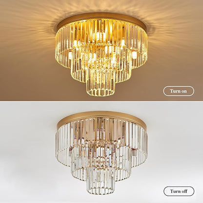 10-Light Gold Crystal Ceiling Light 21.65" Modern Crystal Ceiling Light Fixture 3-Tier Luxury K9 Crystal Flush Mount for Dining Room Kitchen Island Living Room Bedroom Entryway