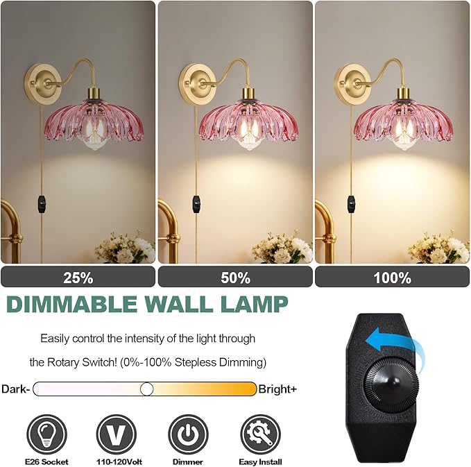 ZECOXOL Vintage Plug in Wall Sconces Set of Two, Glass Wall Sconces Lamps with Flower Lampshade & Dimmable Plug in Cord, Dimmable Sconces Wall Decor Set of 2 Plug in Wall Lights Sconces for Bedroom