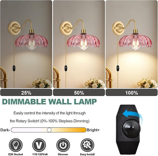 ZECOXOL Vintage Plug in Wall Sconces Set of Two, Glass Wall Sconces Lamps with Flower Lampshade & Dimmable Plug in Cord, Dimmable Sconces Wall Decor Set of 2 Plug in Wall Lights Sconces for Bedroom