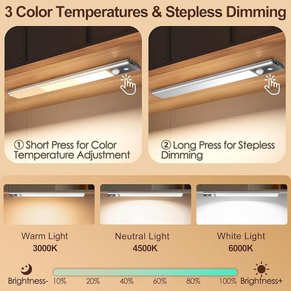 Quntis LED Under Cabinet Lighting Rechargeable, Wireless Motion Sensor Light Indoor, 2 Pack 12" 3000-6000K Dimmable Closet Lights Battery Operated, Magnetic/Stick on Under Counter Lights for Kitchen