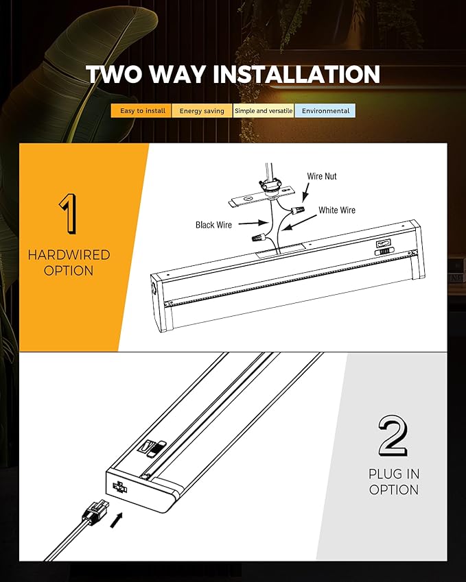 2 Pack 12" Under Cabinet Lighting for Kitchen, 8W 600LM, 3 Color Temperatures (3000K/4000K/5000K), Hardwired or Plug-in, 45° Rotatable Design, Linkable Up to 15 Units, YT-4208-10-2