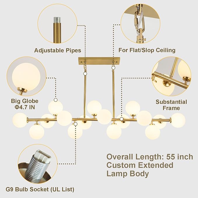 Mid Century Modern Chandelier 55in Linear Chandeliers 16-Light Brass Gold Pendant Lighting Fixture for Dining Room, Kitchen Island