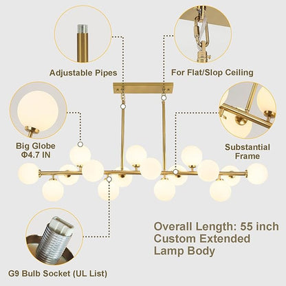 Mid Century Modern Chandelier 55in Linear Chandeliers 16-Light Brass Gold Pendant Lighting Fixture for Dining Room, Kitchen Island